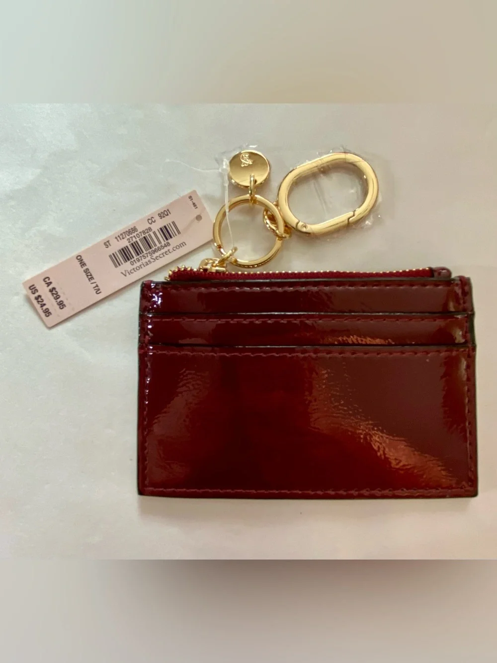 Victoria's Secret Burgundy Patent Card Holder Keychain with Gold Hardware